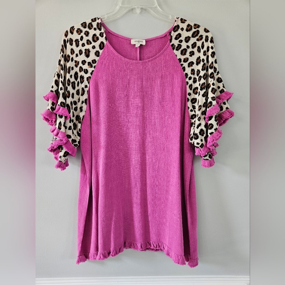 NWOT Umgee Pink/Leopard Print Tunic with Ruffle Sleeves - Size Small